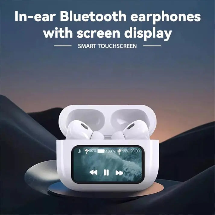 In-ear Bluetooth earphones with screen display and smart touchscreen on a dark background