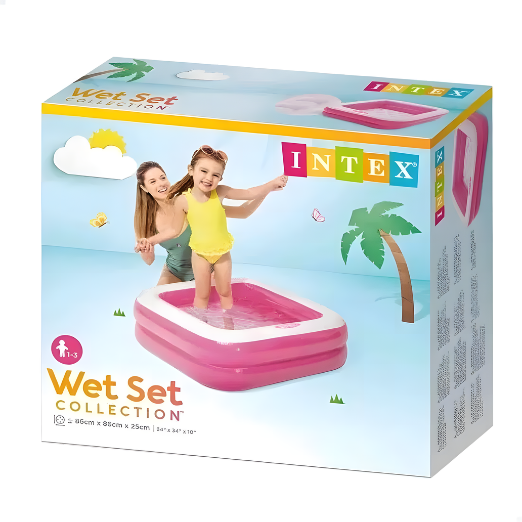 Intex inflatable pool packaging with a child and adult near the pool