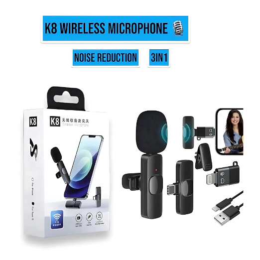 K8 Wireless Microphone packaging with accessories