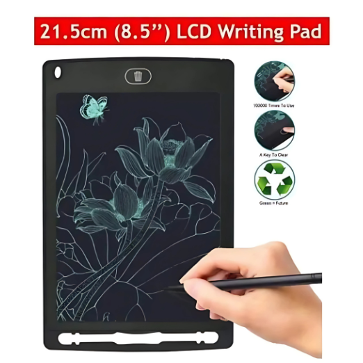 LCD writing pad with a hand drawing on it, featuring a butterfly illustration.