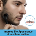 Man using a grooming tool on his beard with an inset showing hair growth.