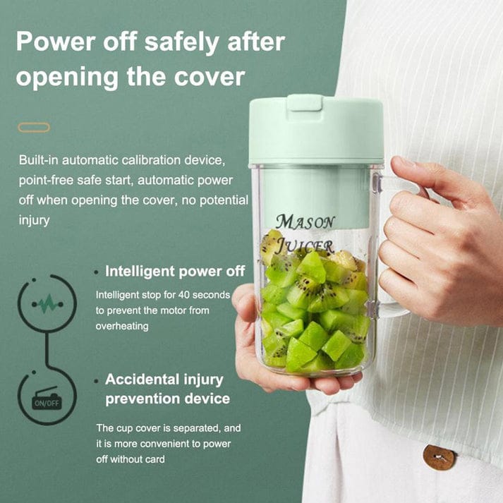 Mason juicer with green fruits inside, held by a person, on a green background with text about safety features.