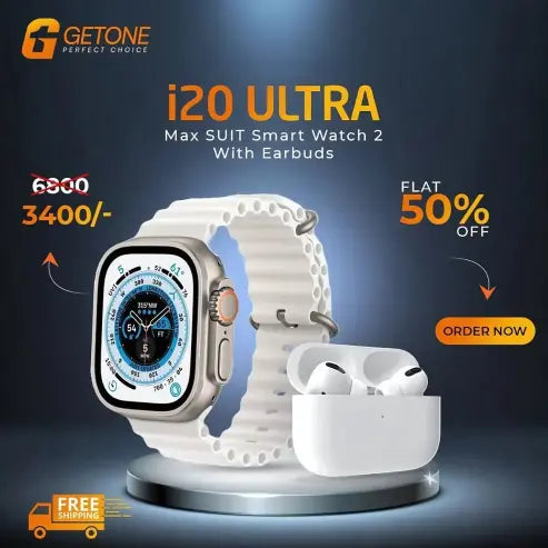 Smartwatch with orange band and wireless earbuds in a white case on a white background