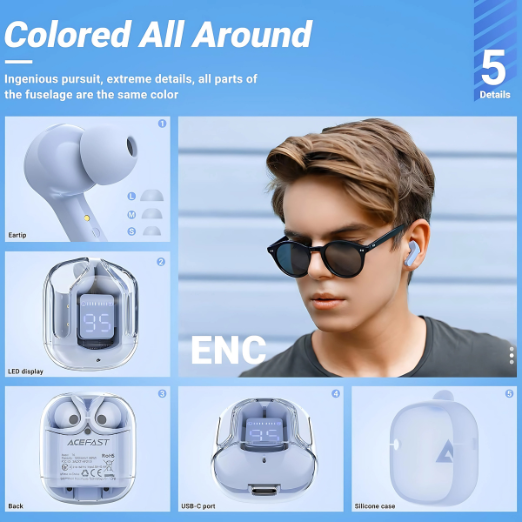 Modern transparent ACEFAST T6 earbuds design with premium build quality at shokz.com