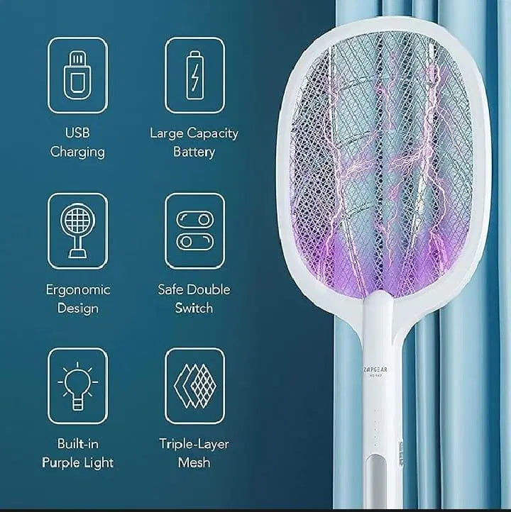 Mosquito swatter with USB charging, large capacity battery, ergonomic design, safe double switch, built-in purple light, and triple-layer mesh