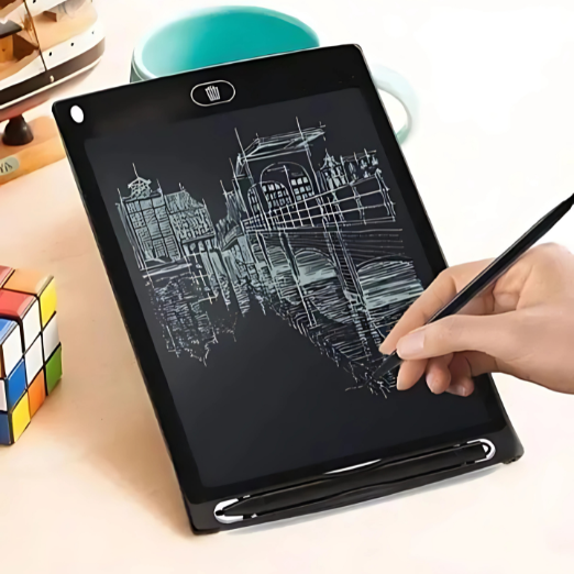 Person drawing a cityscape on a digital drawing tablet with a stylus.