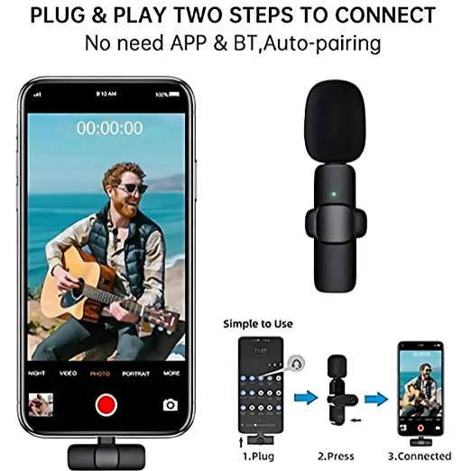 Phone with guitar video on screen, microphone, and step-by-step connection instructions.