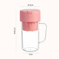 Pink and clear glass mug with measurements on a white background