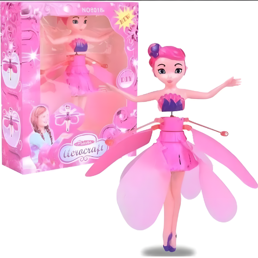 Rechargeable flying dolls with colorful skirts and LED lights, held by a hand, with a child's face inset.