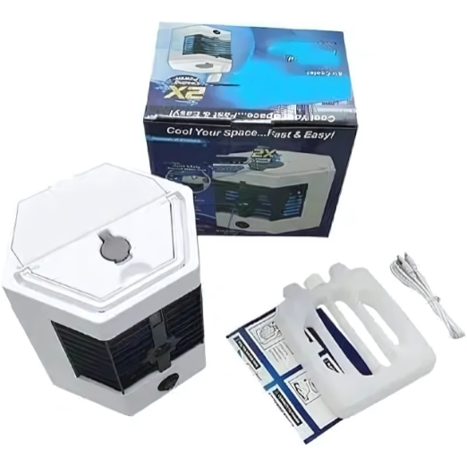 White portable air conditioner with lime and ice cubes on a white background