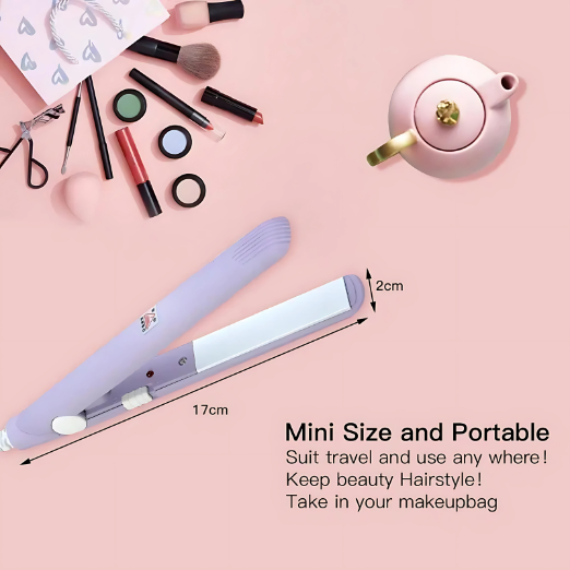 Portable hair straightener with dimensions on a pink background with makeup and a teapot.