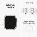 Product listing of items included in a box with a smartwatch, USB-C cable, and band.