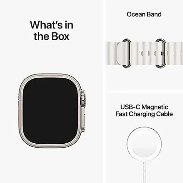 Product listing of items included in a box with a smartwatch, USB-C cable, and band.