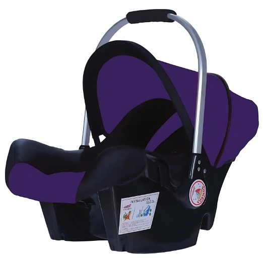 Purple and black baby car seat with installation label on a white background