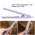 Purple hair straightener with text about temperature and time, used on hair.