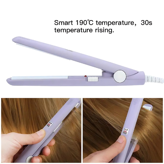 Purple hair straightener with text about temperature and time, used on hair.