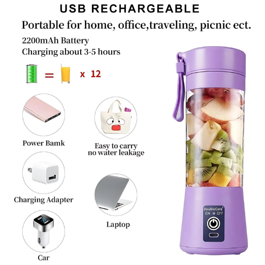 Purple portable blender with USB charging features and fruit inside, on a white background.