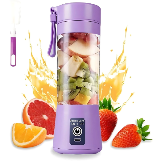 Purple portable blender with fruits and juice on a white background