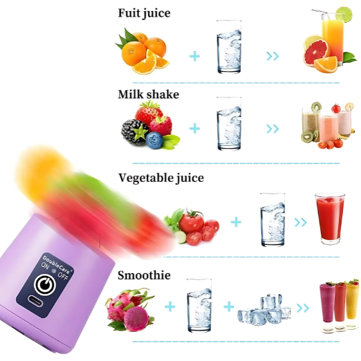 Two people drinking orange juice from a purple portable blender filled with fruits in a kitchen.