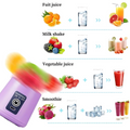Purple smoothie maker with images of fruits, vegetables, and drinks on a white background