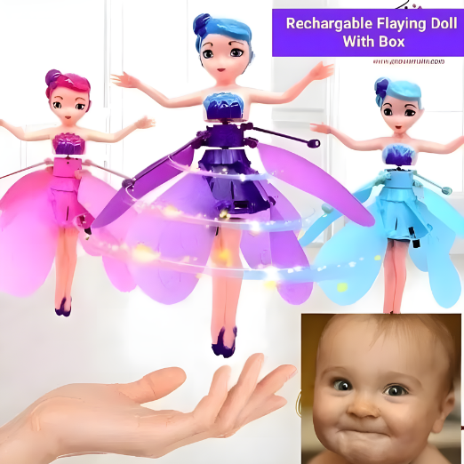 Rechargeable flying dolls with colorful skirts and LED lights, held by a hand, with a child's face inset.
