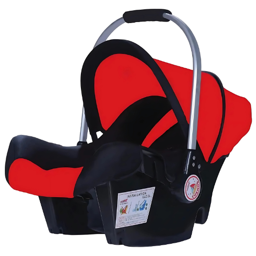 Purple and black baby car seat with installation label on a white background