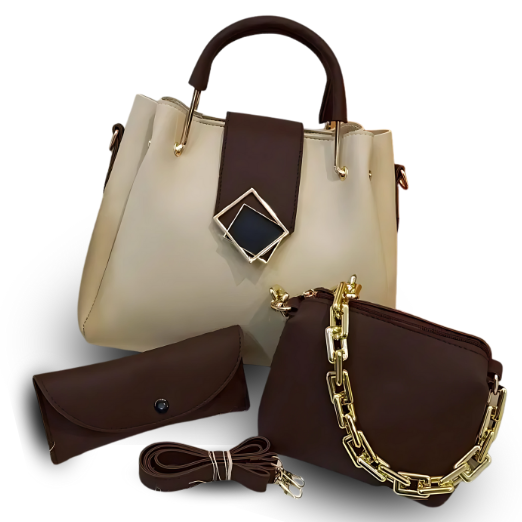 Set of beige handbag, brown clutch, and brown handbag with gold chain on a white surface.