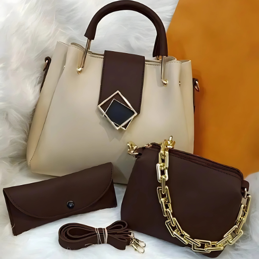 Set of beige handbag, brown clutch, and brown handbag with gold chain on a white surface.