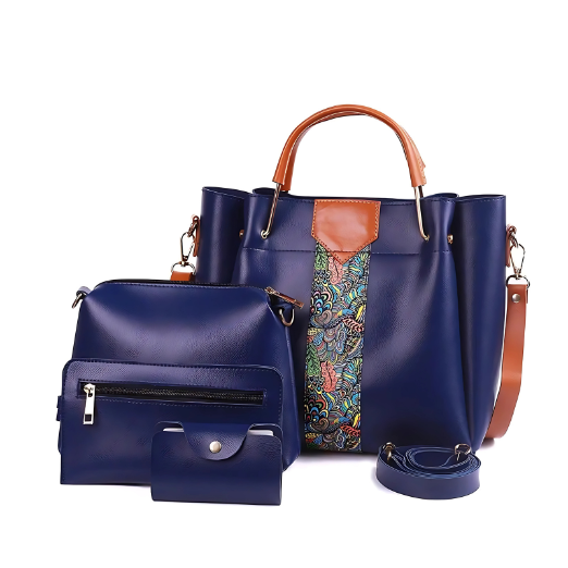 Set of blue handbags with brown handles and straps