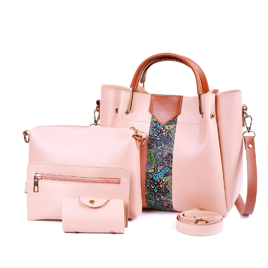 Set of blue handbags with brown handles and straps