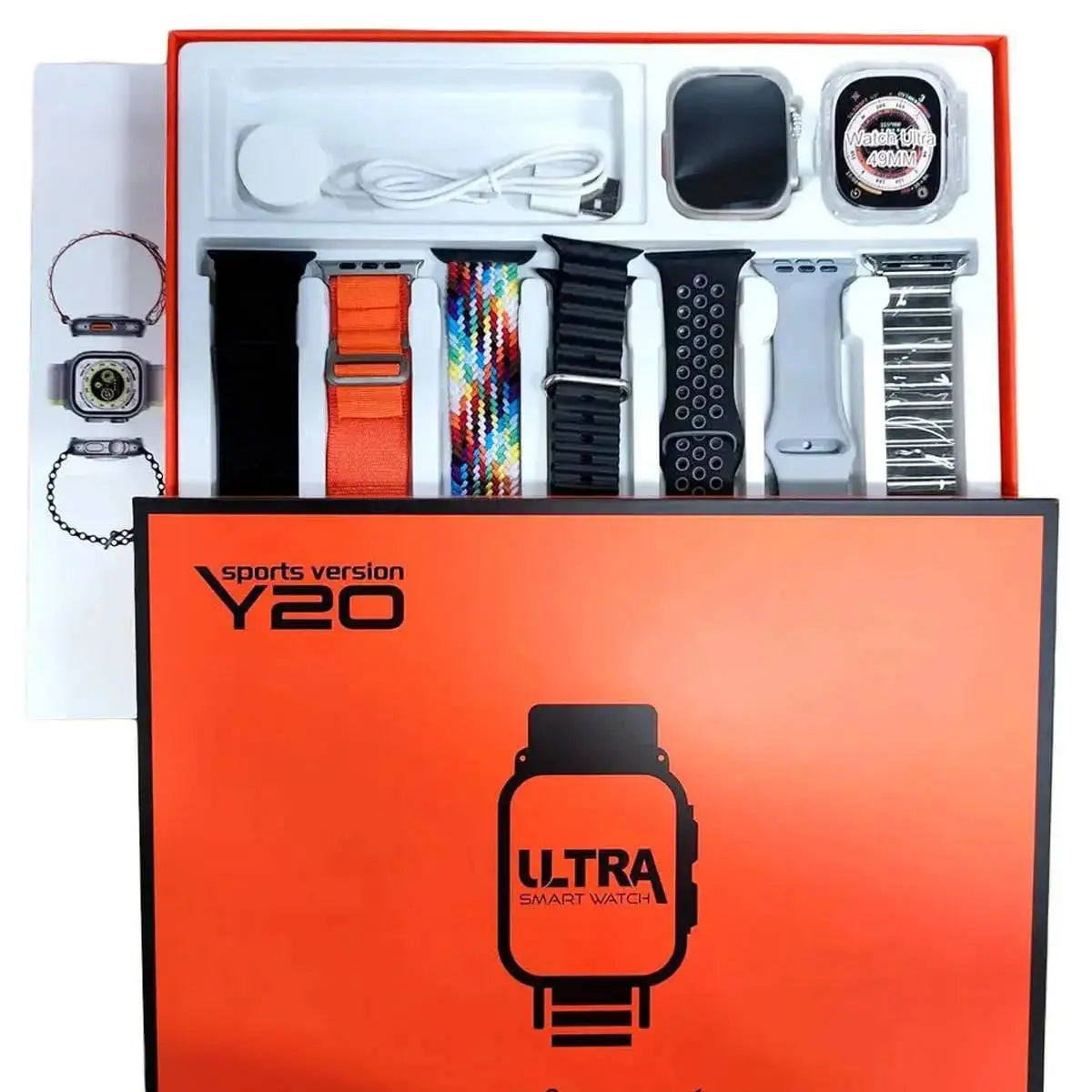 Smartwatch packaging with accessories on a white background