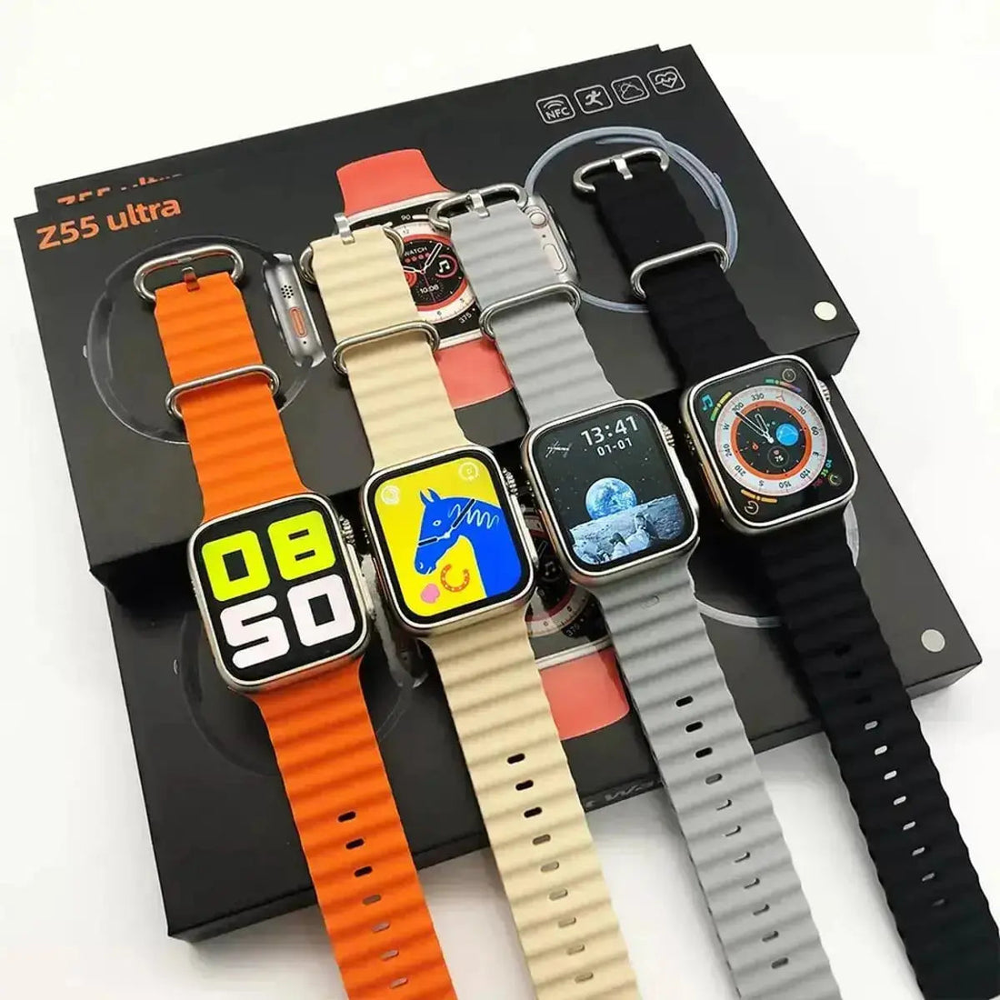 Smartwatch with a black band on a white background
