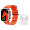 Smartwatch with orange band and AirPods Pro on a white background