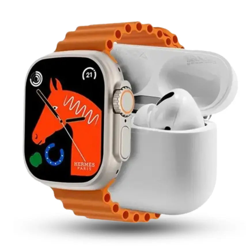 Smartwatch with orange band and wireless earbuds in a white case on a white background