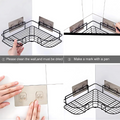 Step-by-step guide on installing a corner shower caddy with wall adhesive.