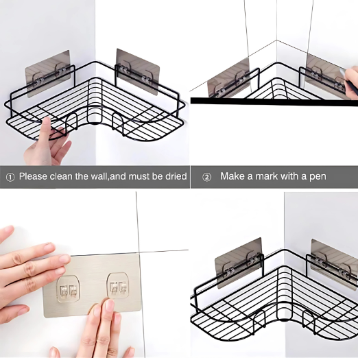 Step-by-step guide on installing a corner shower caddy with wall adhesive.