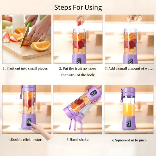 Steps for using a portable blender with fruit.