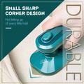 Teal corner rounder with text about small sharp corner design and durability