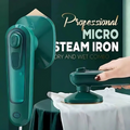 Teal steam iron with a hand holding it, on a dark green background with text about the product.