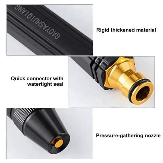 Black and gold pen-like device with measurements and packaging on a white background