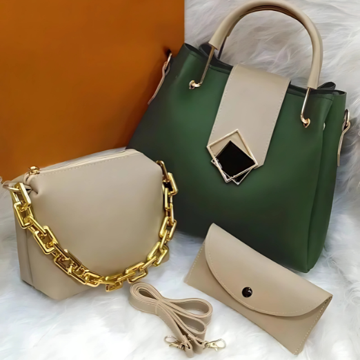 Two handbags, one green and one beige with gold chain,