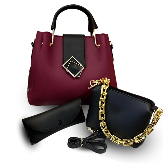 Two handbags, one maroon with a black strap and gold buckle, the other black with a gold chain strap, on a white and orange gradient background.