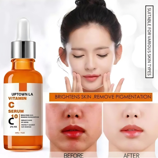 Uptown LA Vitamin C Serum bottle with before and after effects on skin