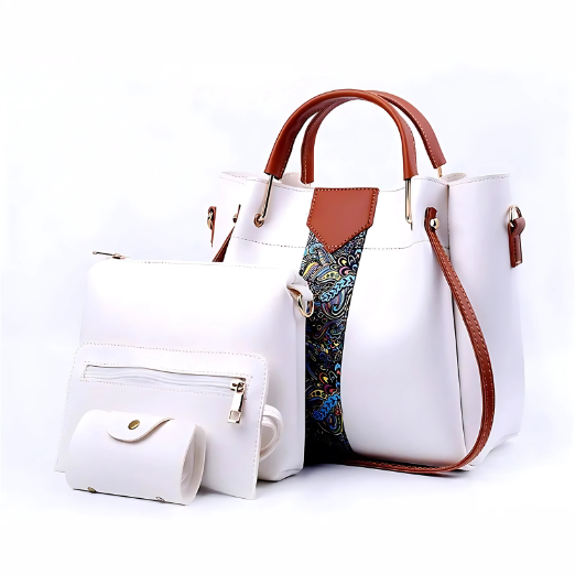 White handbag with brown handles and strap.