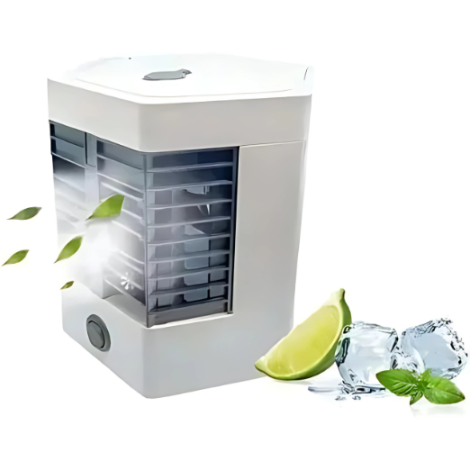 White portable air conditioner with lime and ice cubes on a white background