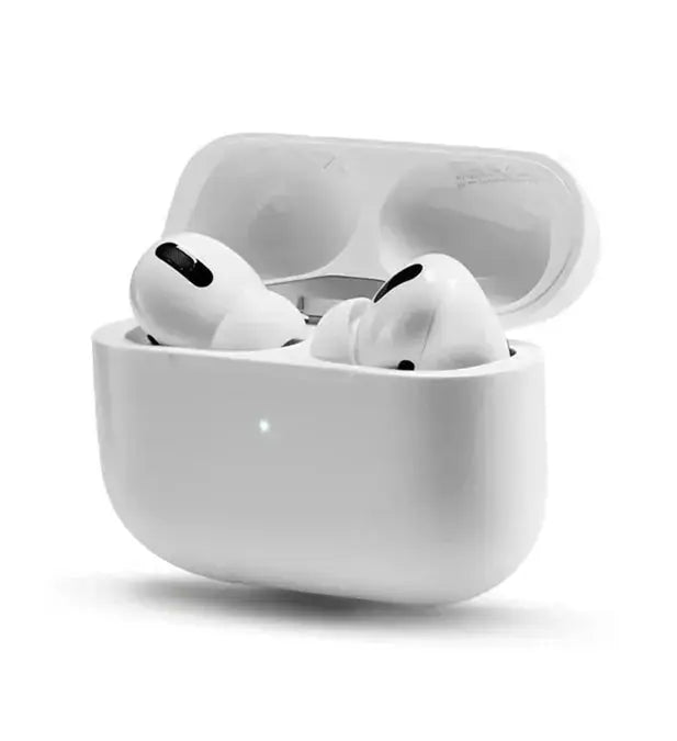 White wireless earbuds in a charging case on a white background