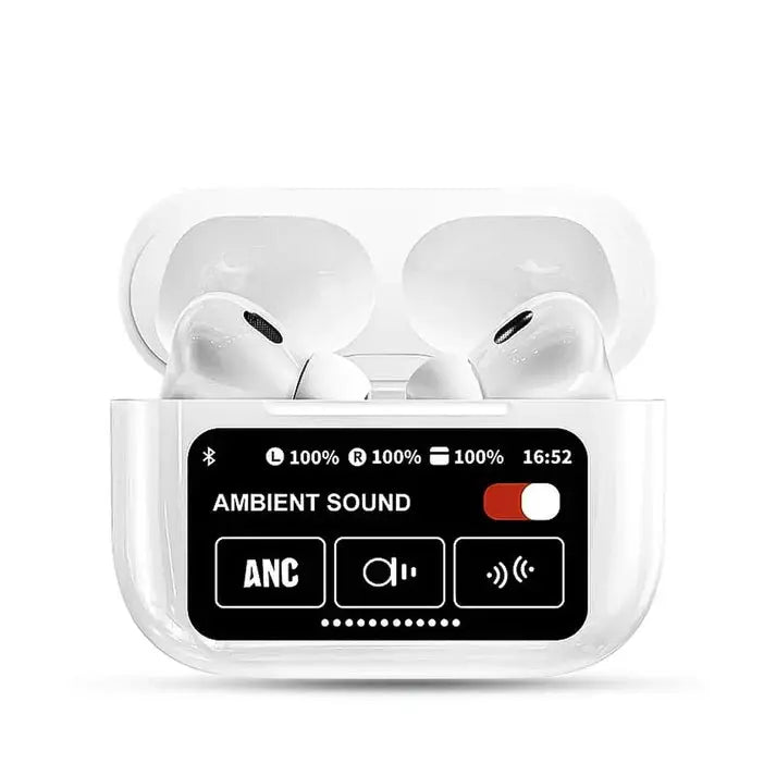 White wireless earbuds in a charging case with digital display on a white background
