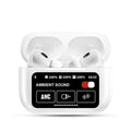 White wireless earbuds in a charging case with digital display on a white background