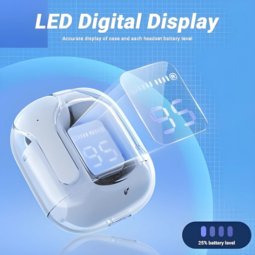 Wireless earbuds with LED digital display on a blue background