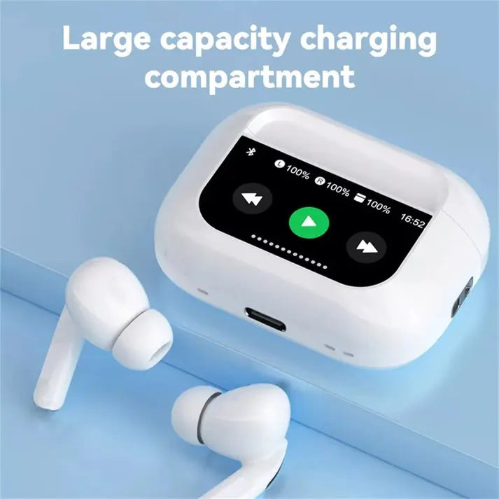 Wireless earbuds with charging case on a light blue background